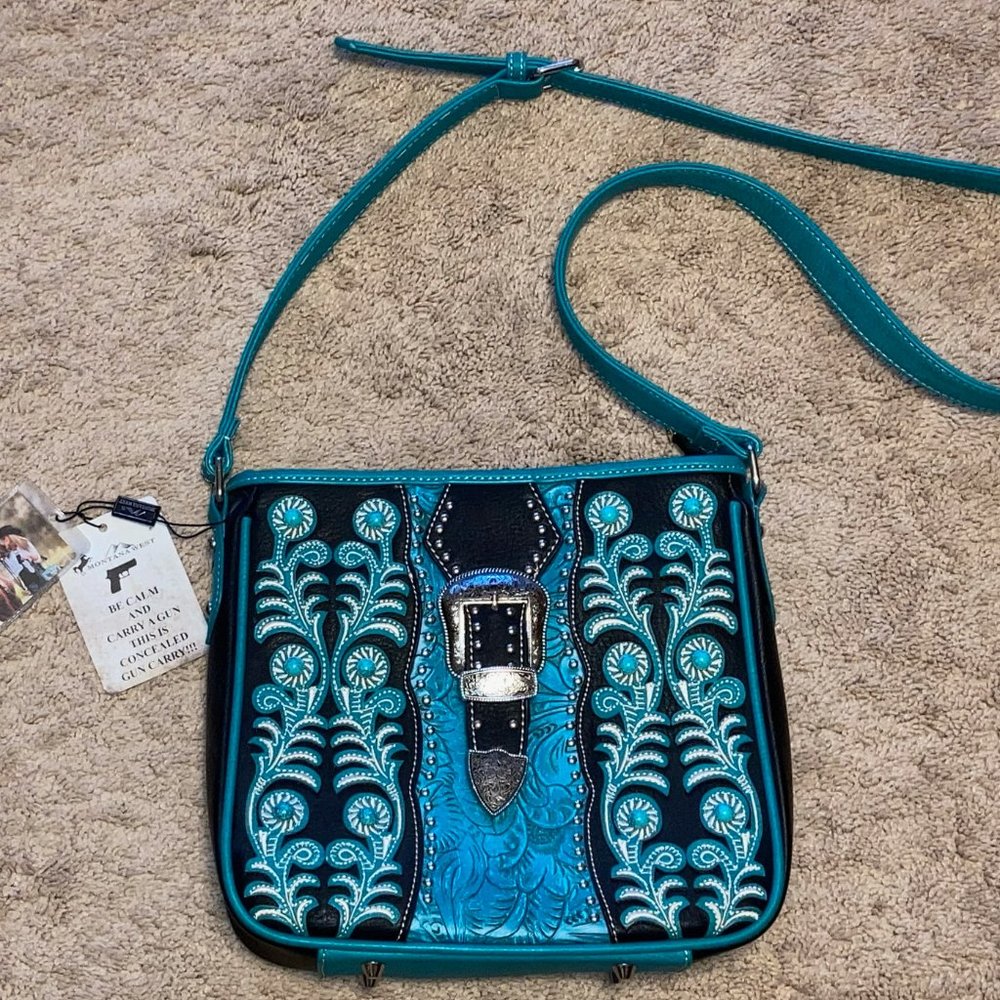 New MONTANA WEST Conceal Carry Gun LEATHER CROSSBODY Purse TURQUOISE Black